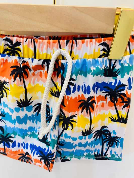 Colorful swim shorts with palm tree pattern on a wooden hanger.