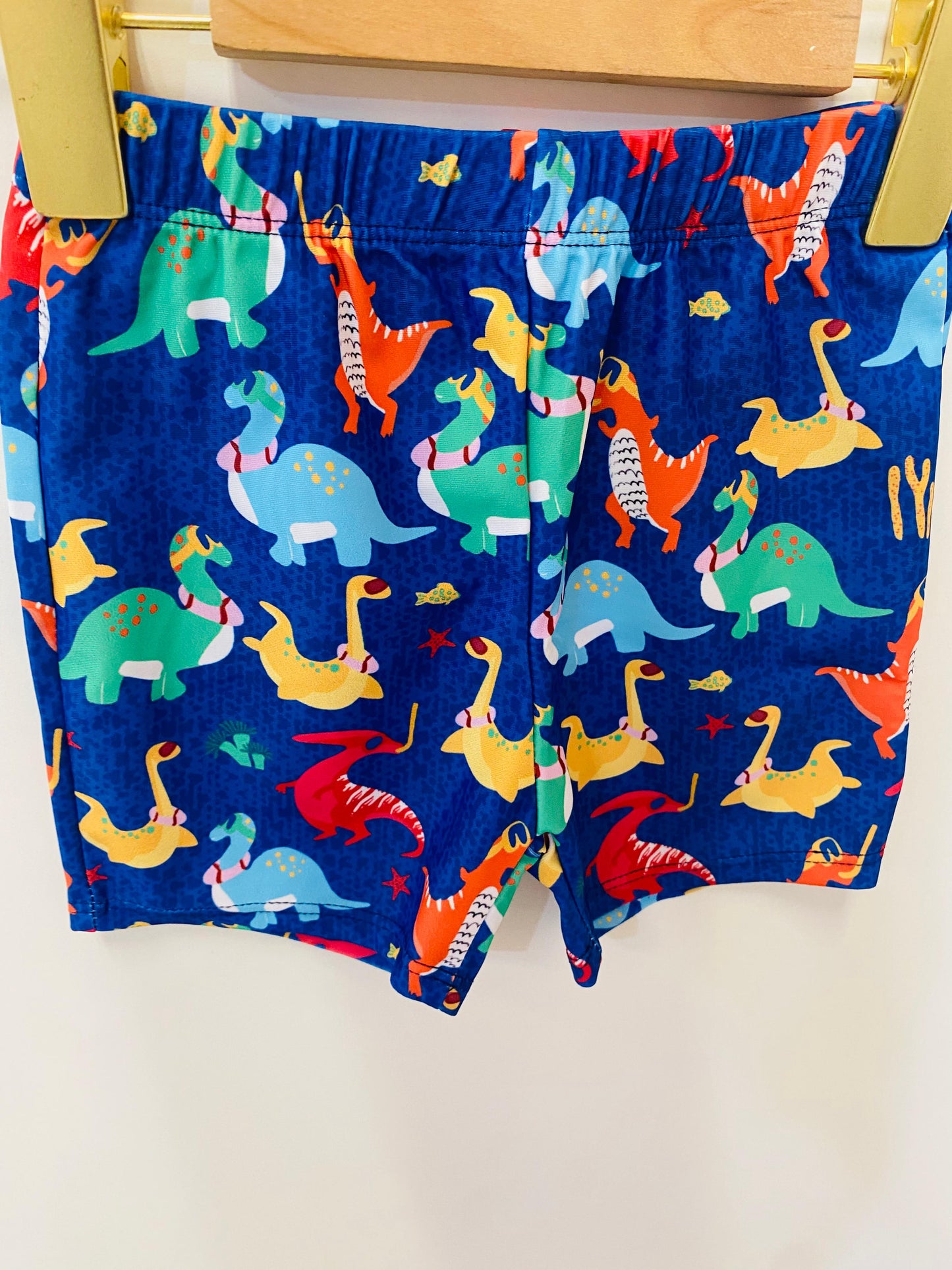 Colorful dinosaur-patterned shorts on a wooden hanger against a white background